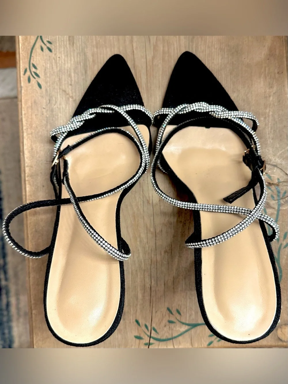 Black Crystal-Embellished Slingback Heels